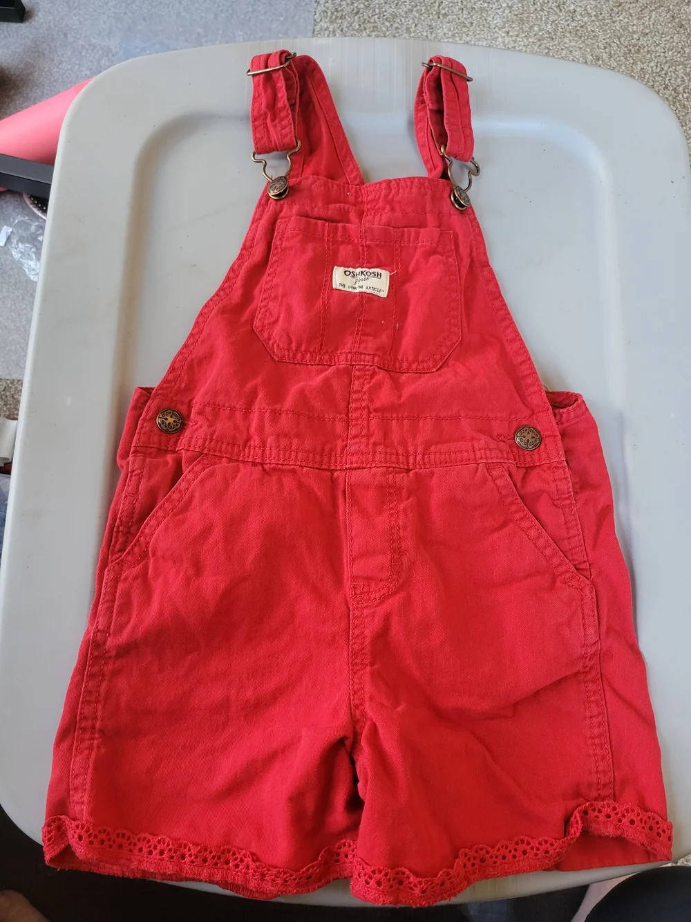 Vintage OshKosh B'Gosh Red Shortalls Girls Size 5T Lace Trim Overalls Romper